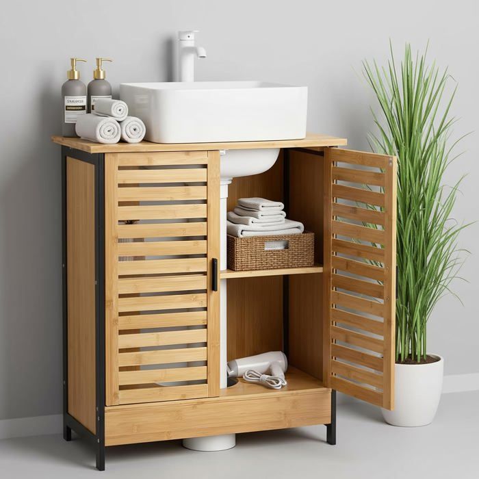 YODOLLA Meuble sous évier salle de bain - bambou 3 niveaux réglables - étanche anti-basculement - Naturel