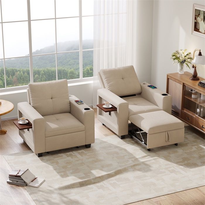 Fauteuil convertible 84x86x90cm - Velours 5 positions avec tablette pliable et prise usb - Beige