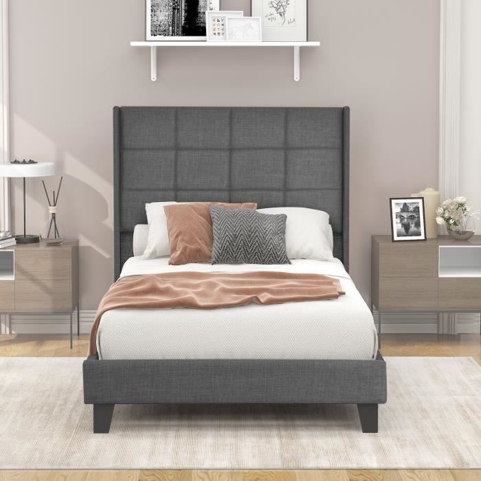 lit capitonné contemporain 90x200cm avec sommier à lattes, tête de lit tapissée - lin- aapaas - gris