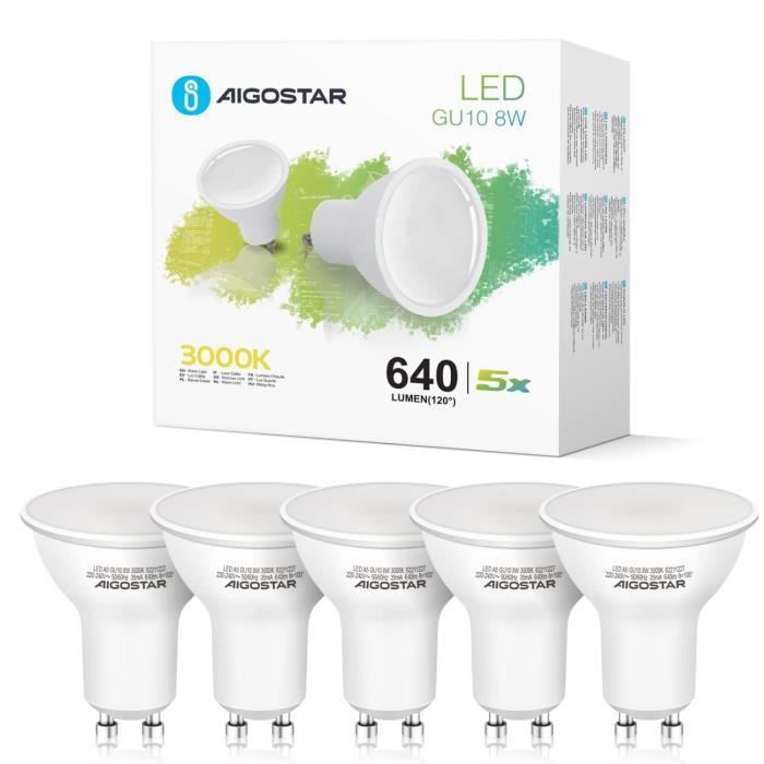 Aigostar - Lot de 5 ampoules LED GU10, 8W. Lumière couleur chaude 3000K,  560 lm. Non dimmable. - Cdiscount Maison