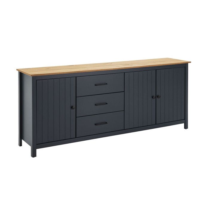 TINA - Buffet Bas 3 Portes 3 Tiroirs Bois Ciré et Bleu Pétrole TINA - Buffet Bas 3 Portes 3 Tiroirs Bois Ciré et Bleu Pétrole