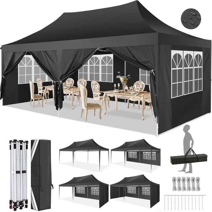 Tonnelle 3x6m Tonnelle Pliante de Jardin Imperméable avec 6 côtés, Barnum Chapiteau Pliable pour Reception, Noir