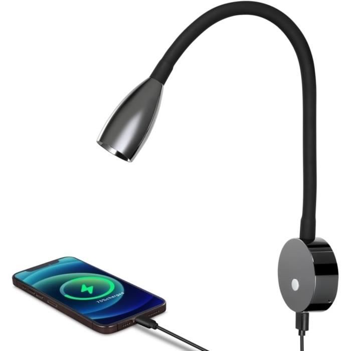 Lampe De Lecture LED 12V Gooseneck Flexible Pour Camping-Car - Dimmable Avec Chargeur USB-C (Noir Brillant)