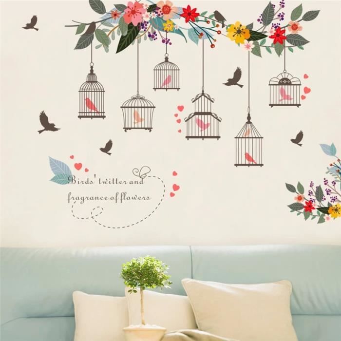 Sticker mural autocollant Cage à oiseaux oiseau Florales Fleurs Vigne Motif