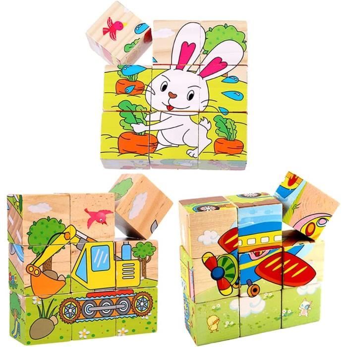 3 Packs Puzzle en Bois Enfant Puzzle Cubes Bois Jouet Puzzle