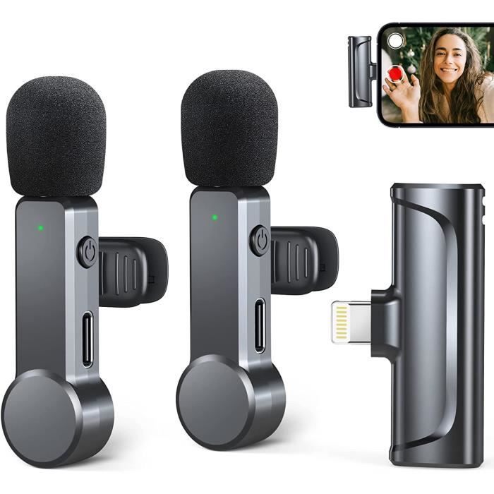 Microphones de Lavalier Sans Fil, 2 Pcs Plug-Play Wireless Mic pour iPhone  et iPad, Microphone de Lavalier sans fil professionnel, Microphone sans fil