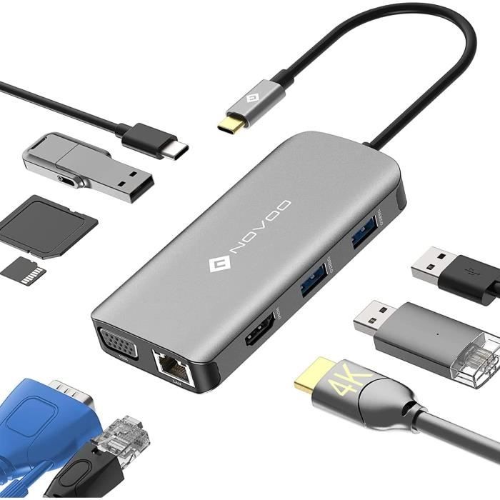 NOVOO Adaptateur USB C Hub 9-en-1,Dual Affichage(HDMI 4K&VGA),USB C Docking Station d'accueil avec 1Gbps Ethernet,3xUSB 3.0,S