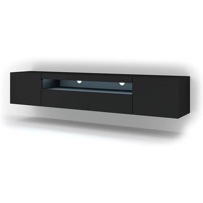 Meuble TV bas universel AURA 200 cm à suspendre ou à poser sous meuble TV - Buffet hi-fi - Noir mat avec LED bleu