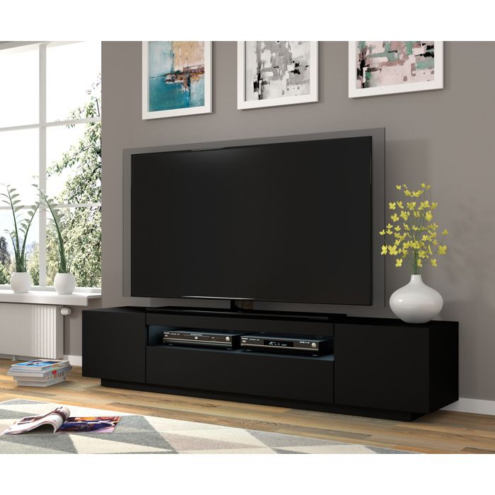 Meuble TV bas universel AURA 200 cm à suspendre ou à poser sous meuble TV - Buffet hi-fi - Noir mat avec LED bleu Meuble TV bas universel AURA 200 cm à suspendre ou à poser sous meuble TV - Buffet hi-fi - Noir mat avec LED bleu