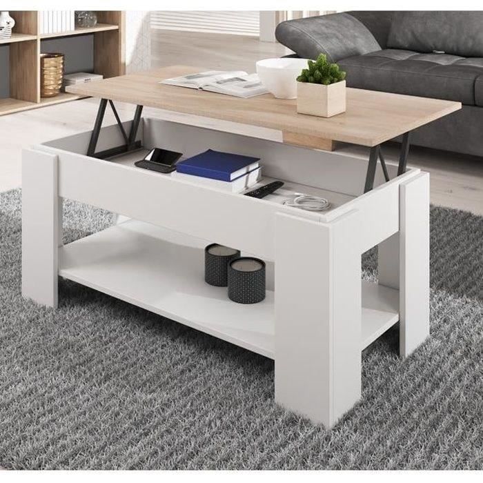 Table basse relevable - NICOLETA - Blanc et Sonoma - Rectangulaire - Contemporain - Design