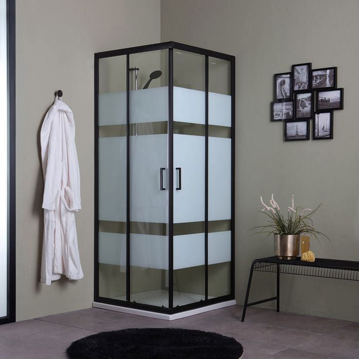 Paroi de douche 70x70 profilés noirs et verre sérigraphié 6mm City