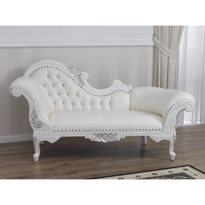 méridienne canapé joana style baroque moderne chaise longue blanc laqué et feuille argent simili cuir blanc boutons cristal sw