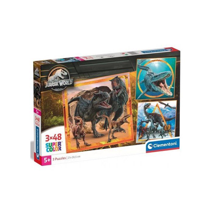 Puzzles 3 x 48 pieces : T Rex et autres Dinosaures feroces - Jurassic World - Enfant Garcon - Set puzzle supercolor + carte