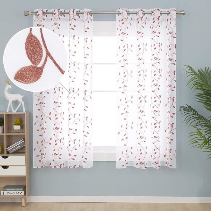 Deconovo Lot de 2 Rideaux Voilages Broderie Effet Lin à Motif à Oeillet Orange Voilage Grande Largeur 140x245cm