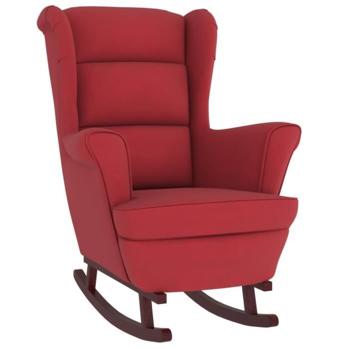 fauteuil à bascule pieds en bois d'hévéa rouge bordeaux velours-s18276