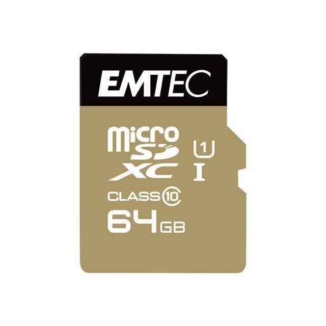 Carte mémoire MicroSDXC 64Go EMTEC + adaptateur CL10 Gold+ UHS-I 85MB/s