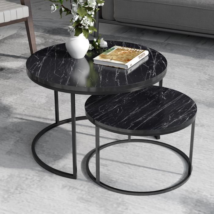 set de 2 tables d'appoint skagen rondes gigognes marbre noir