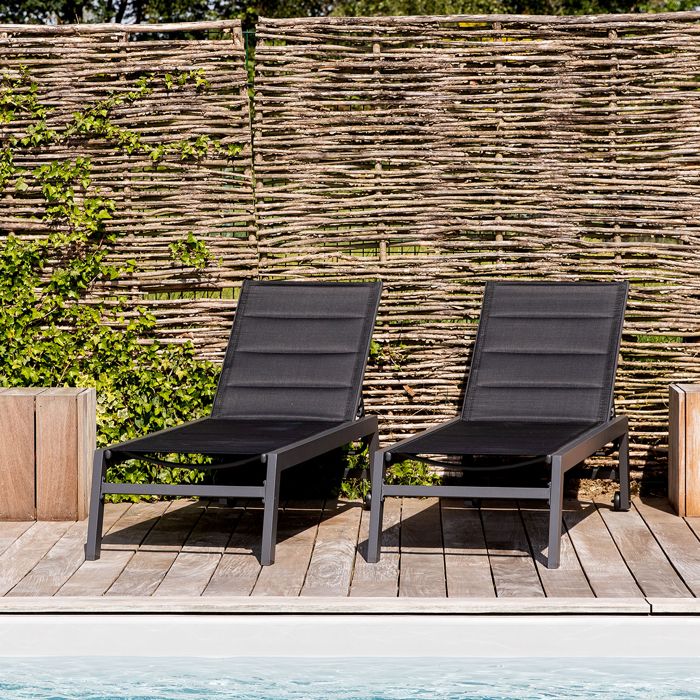 Lot de 2 bains de soleil BARBADOS en textilène noir - aluminium gris anthracite