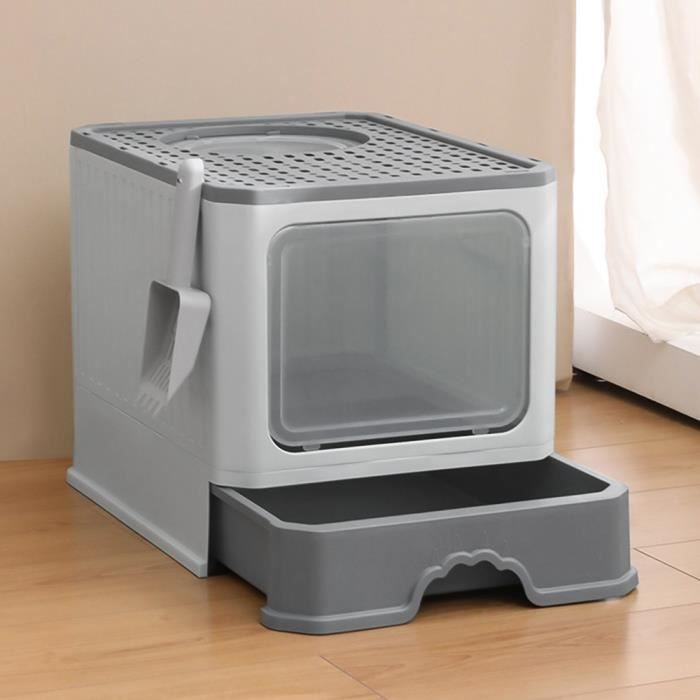 Meilleurs prix pour HUOLE-Bac à litière pliable pour chats avec une pelle en plastique Gris, Structure à tiroirs et poignée concave PP+PS, 50*35*38CM