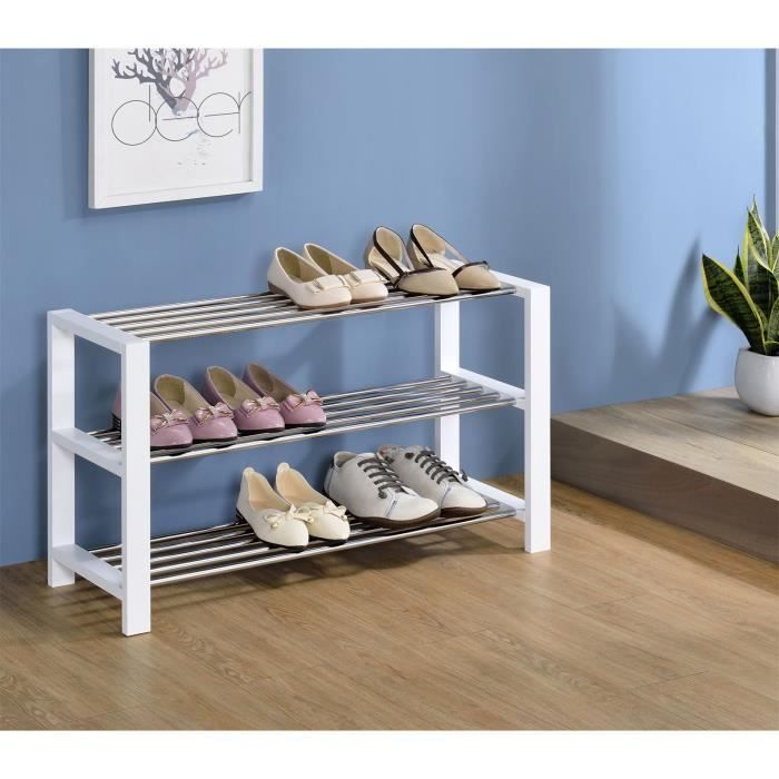 etagère à chaussures - idimex - arina - 3 étagères - blanc - bois massif - 80 x 45 x 30 cm