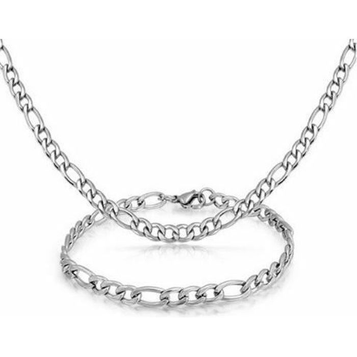 Ensemble Collier et Bracelet Mailles Figaro Acier Inoxydable