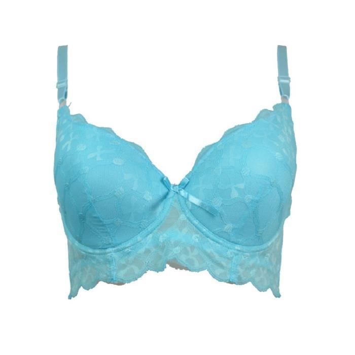 Soutien gorge 90B coqu en dentelle fleurie bleu turquoise lingerie femme