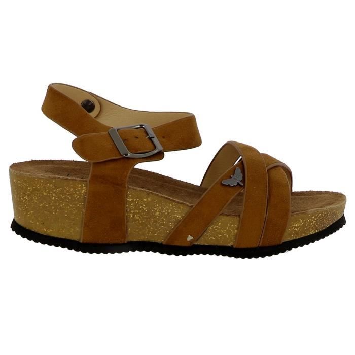 Sandales compensées en cuir camel LES PETITES BOMBES - Modèle MARLENE