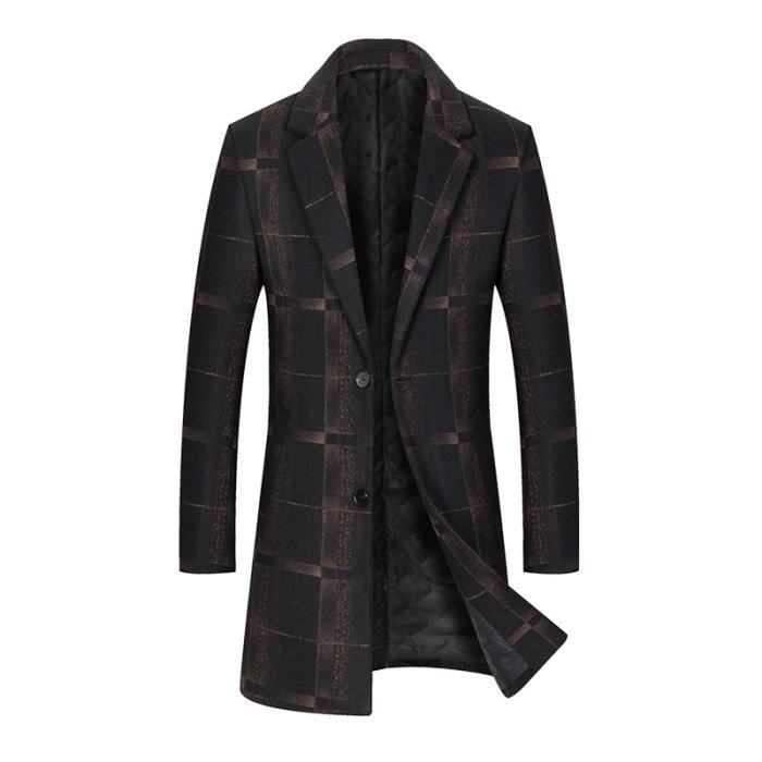 Manteau Homme Laine Mi-long Slim Double Polaire Epais Chaud Carreaux Marron - Cdiscount Pr??t-?� 