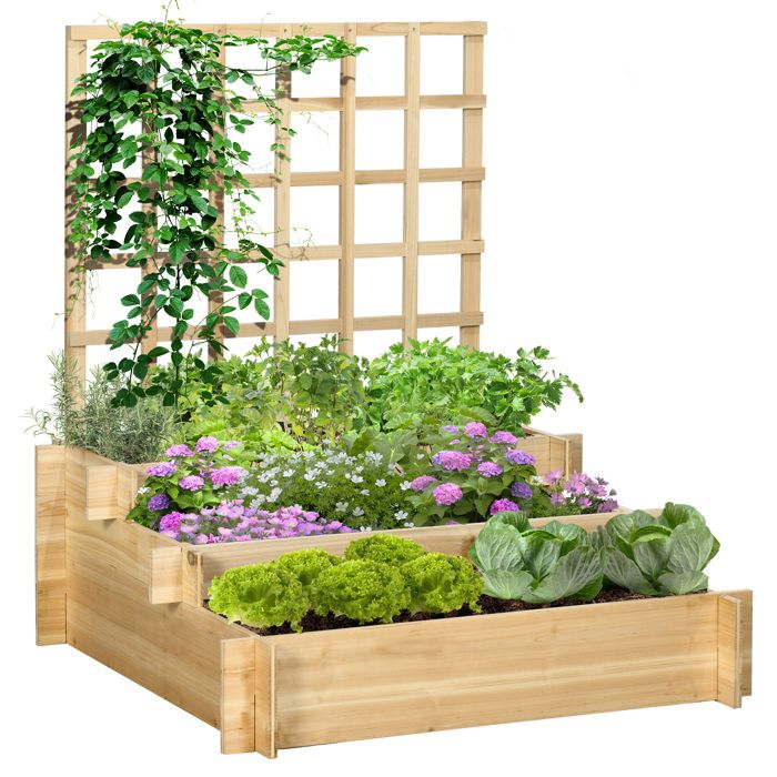 Carré potager jardinière - Outsunny - 3 étages treillis lit surélevé sans fond plantes grimpantes fleurs - bois - naturel