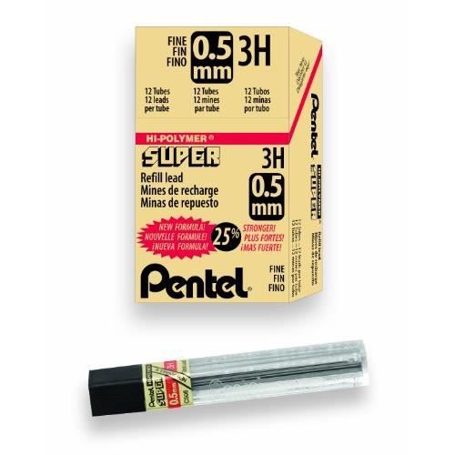 Pentel Mine Super Hi-Polymer 0,3 Mm 3H – Tubo Da 12 Mine, Resistenti E Nere, Per Scrivere E Disegnare