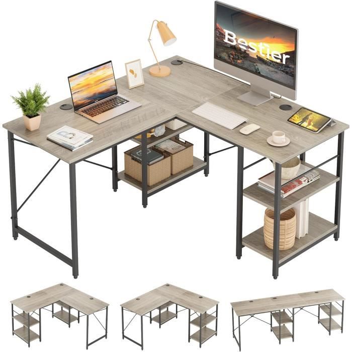 Bureau D'angle Réversible Bestier En L Avec étagères - 120 Cm, Neuf