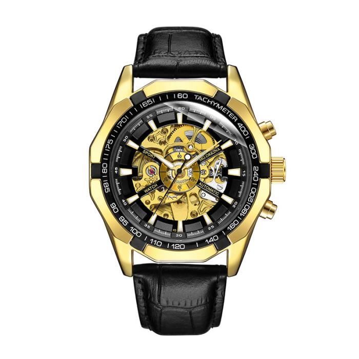Montre homme de marque automatique mécanique noir doré bracelet en cuir cadran squelette mode cool cadeau