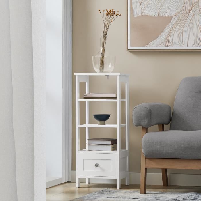 SoBuy FBT91-W Table d’Appoint Haute Bout de Canapé Étagère de Rangement pour Salon Bureau en 3 niveaux avec 1 tiroir 30x28x74