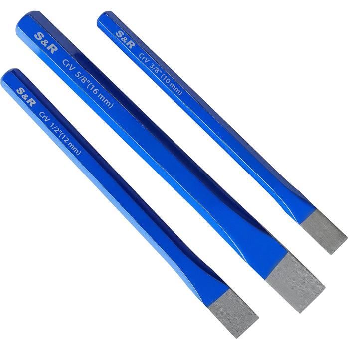 Jeu De 3 Burins En Acier Chrome Vanadium - 16x170mm, 12x150mm, 10x140mm - Pour Maçonnerie & Béton - Ciseaux à Froid Professionnels