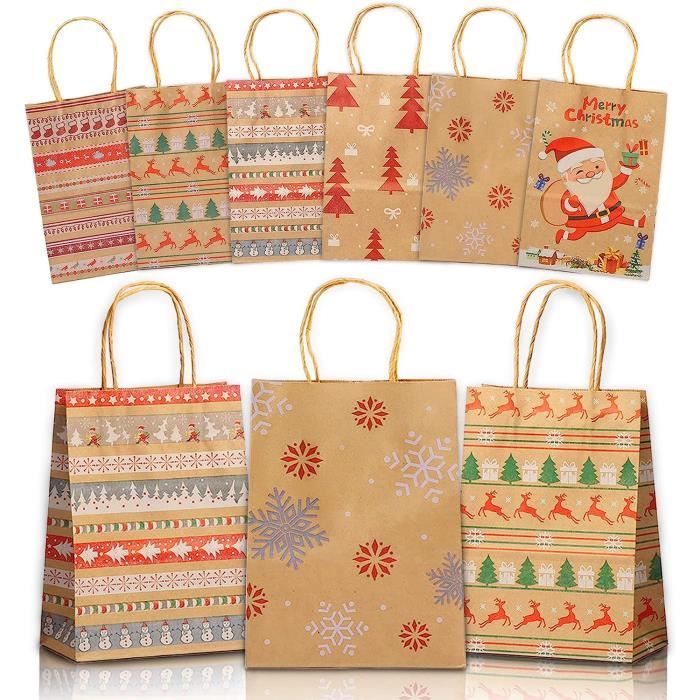 Lot de 12 sacs cadeaux de Noël en papier kraft de styles