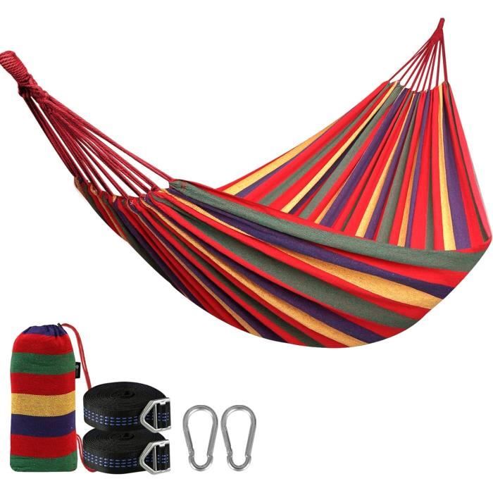 Hamac de camping avec sangles d'arbre, portable pour 2 personnes, grand hamac double en toile de coton pour jardin, balcon, porche, détente, plage, intérieur et extérieur (bleu