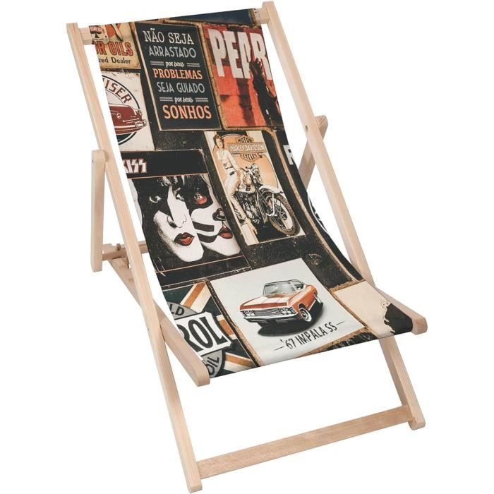 Chaise Longue Pliable En Bois De Hêtre - Transat Jardin/plage Avec Toile Lavable, Support 130 Kg, Design Graphique