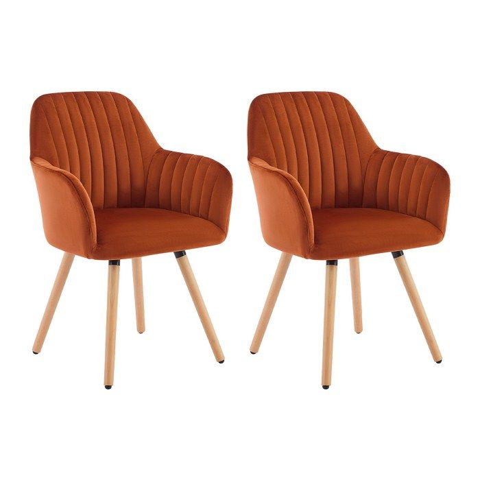 Lot de 2 chaises avec accoudoirs en velours et pieds bois de hêtre - Terracotta - ELEANA