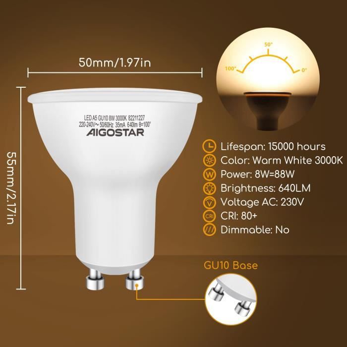 Ampoule GU10 LED 8W Dimmable angle faisceau étroit 10° degree Ra80 -  200-240 V. 50-60Hz Éclairage tableau & objet décoration &[127] - Cdiscount  Maison