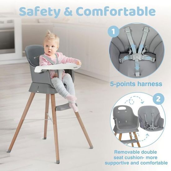 Chaise Haute 6 En 1 Ezebaby Beige - Multifonctionnelle Bois Hêtre Dès 6 Mois