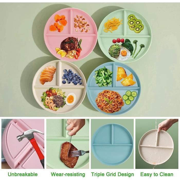Lot de 4 assiettes divisées de 22,9 cm incassables - Réutilisables -  Contrôle des portions - Assiettes de pique-nique - Passe au micro-ondes et  au