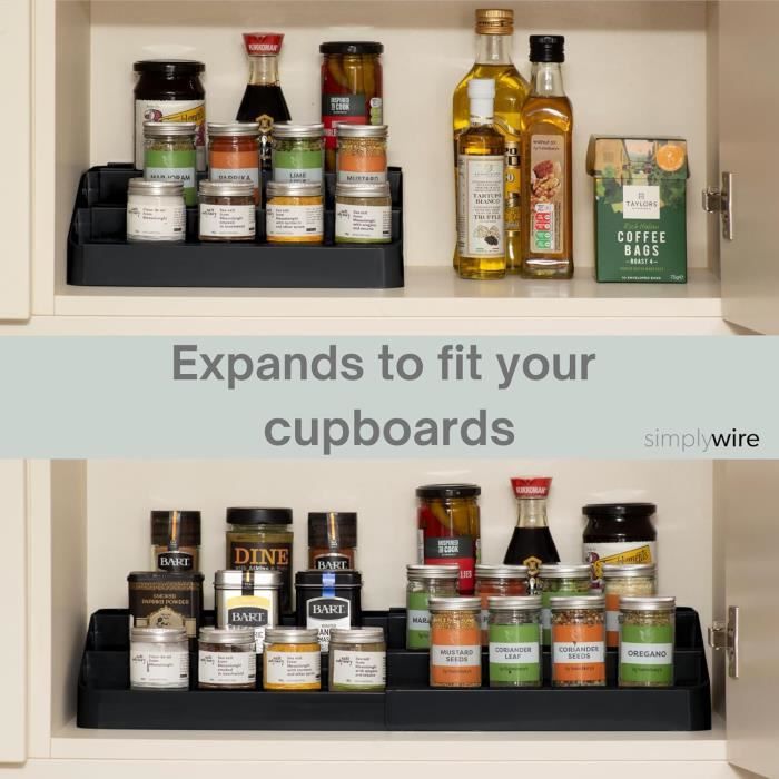 Visentor Étagère à épices extensible à 3 niveaux pour armoire, armoire à escalier et rangement, avec garde-manger, rangement de comptoir de cuisine (s'étend de 32,5 à 63,5 cm