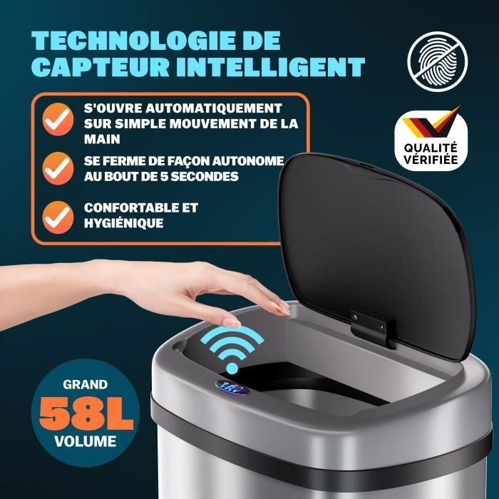 Poubelle automatique en acier inoxydable 58 litres argent Poubelle