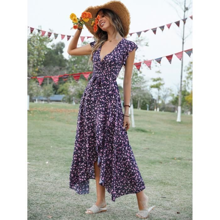 Femme D ete Robe Longue a Pois Wrap Col en V Manches Courtes Ceinture a Volants Ourlet A Line Boho Maxi Robes bleu fonce Cdiscount Pret a Porter
