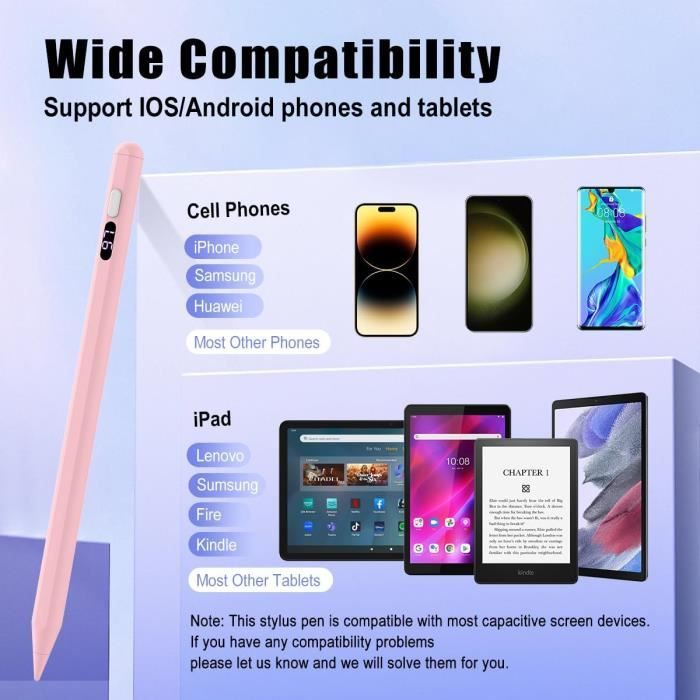 Stylet Tactile Universel MoKo – Charge Rapide, LED Batterie, Compatible IPad IPhone Android Tablette, Pointe Sensible Rose