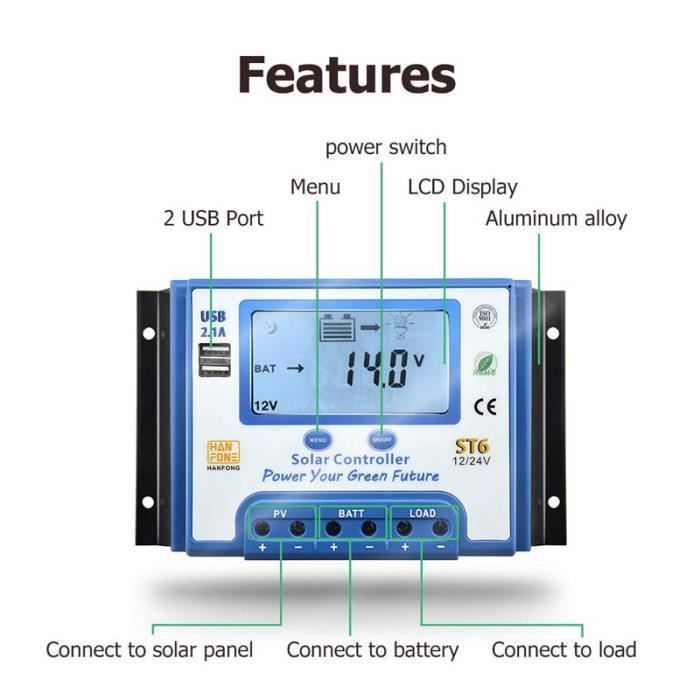 Qiilu Contrôleur de charge solaire 30A 12V/24V 30A MPPT Contrôleur de Charge  Solaire Régulateur de Batterie Affichage LCD Dual - Cdiscount Bricolage