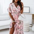 Sasaquoy Robe à la mode pour femmes à manches courtes et à col en V, imprimé de fleurs, plage, loisirs, longue Rose-3