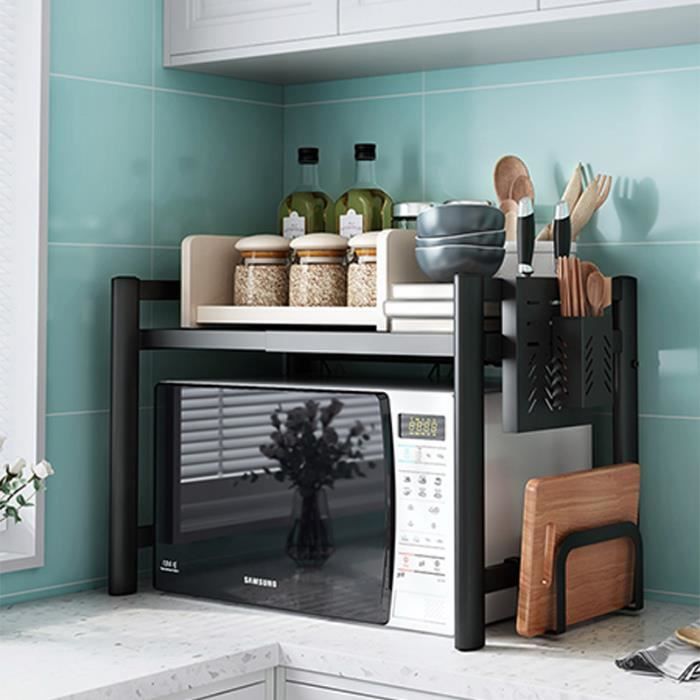 Étagère Cuisine Extensible Pour Micro-ondes | Acier Carbone | Longueur 40-60 Cm | 6 Crochets | Charge 25 Kg