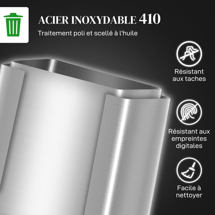 Poubelle De Cuisine HOMCOM 2x20L - Acier Inoxydable, Pédale, Fermeture Douce, Seaux Amovibles