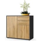 Vladon Commode Buffet Ben, Corps en Noir mat - Façades en Chêne Nature